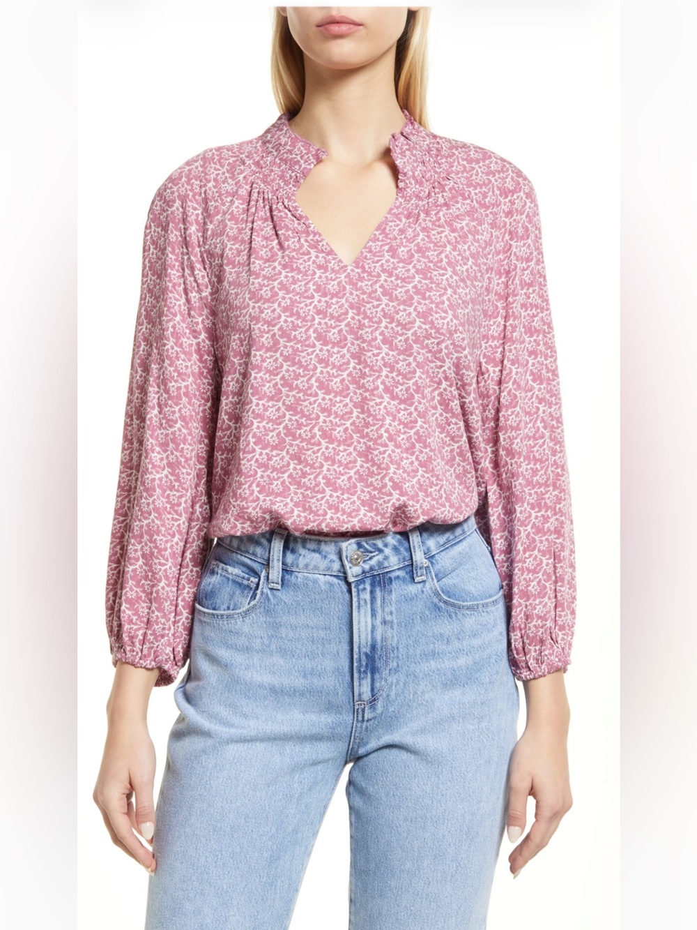 Caslon Pink Floral Print Split Neck Long Sleeve Blouse Size Large